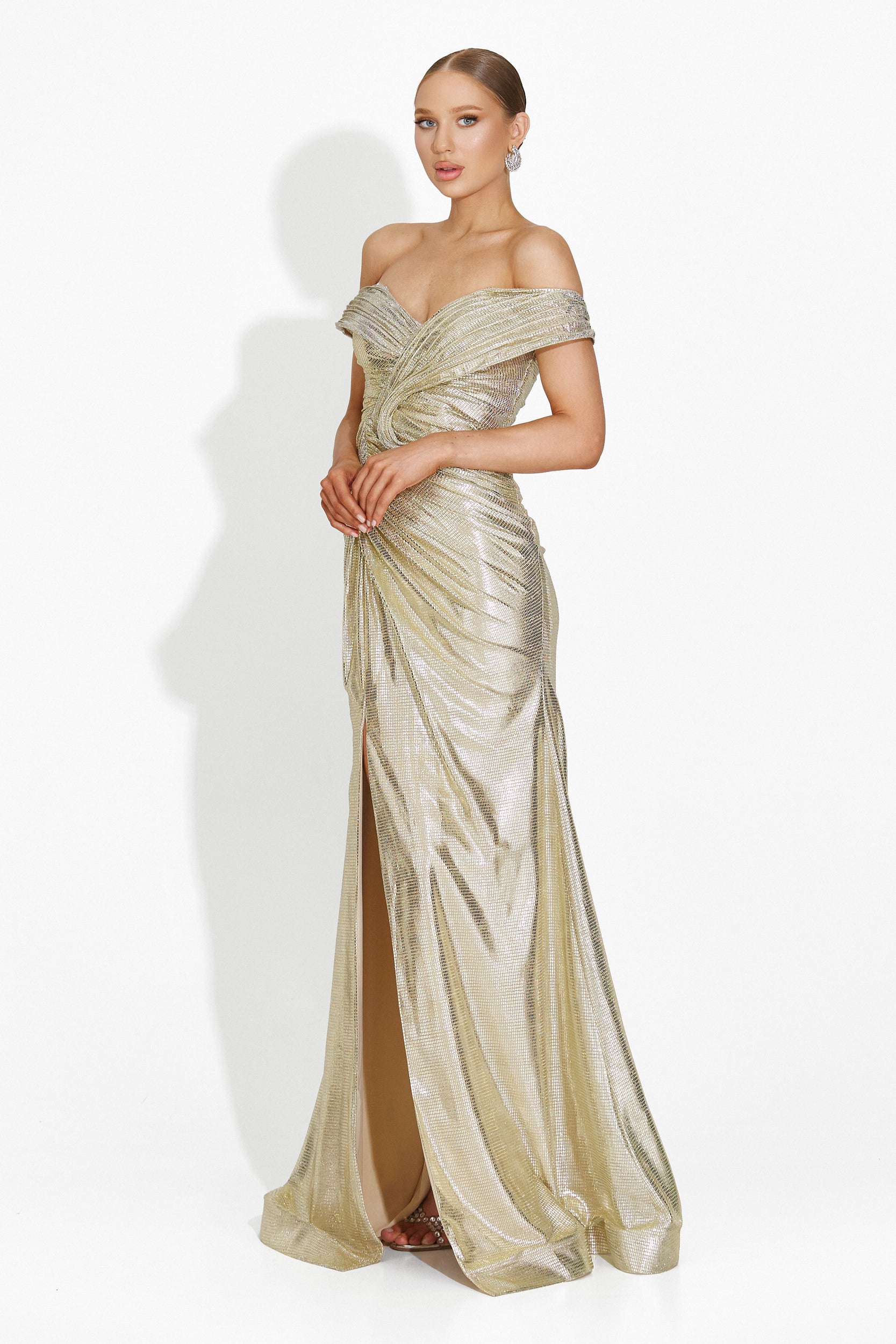 [Resigiat] Rochie dama lunga bej-gold Stephane Bogas