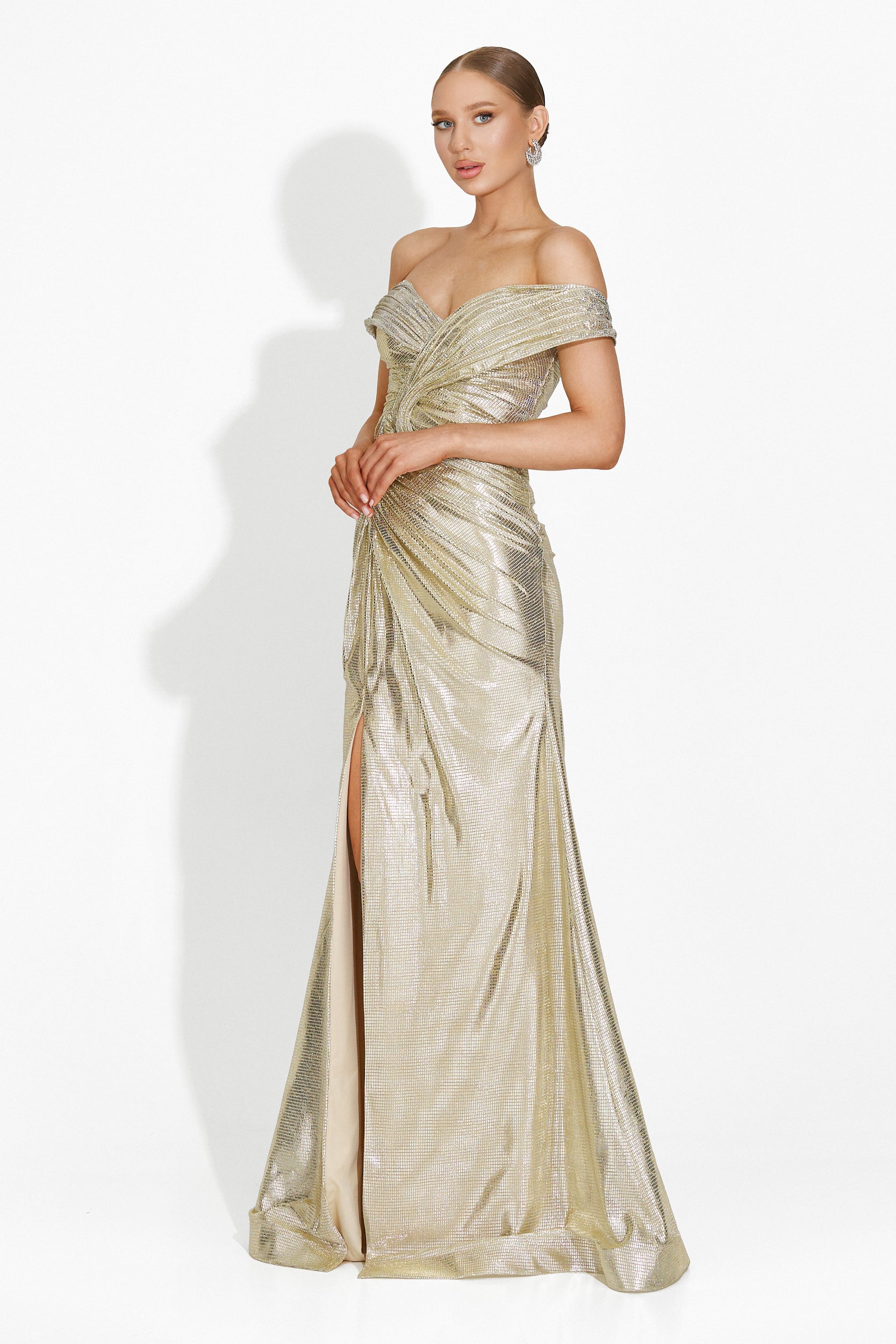 [Resigiat] Rochie dama lunga bej-gold Stephane Bogas